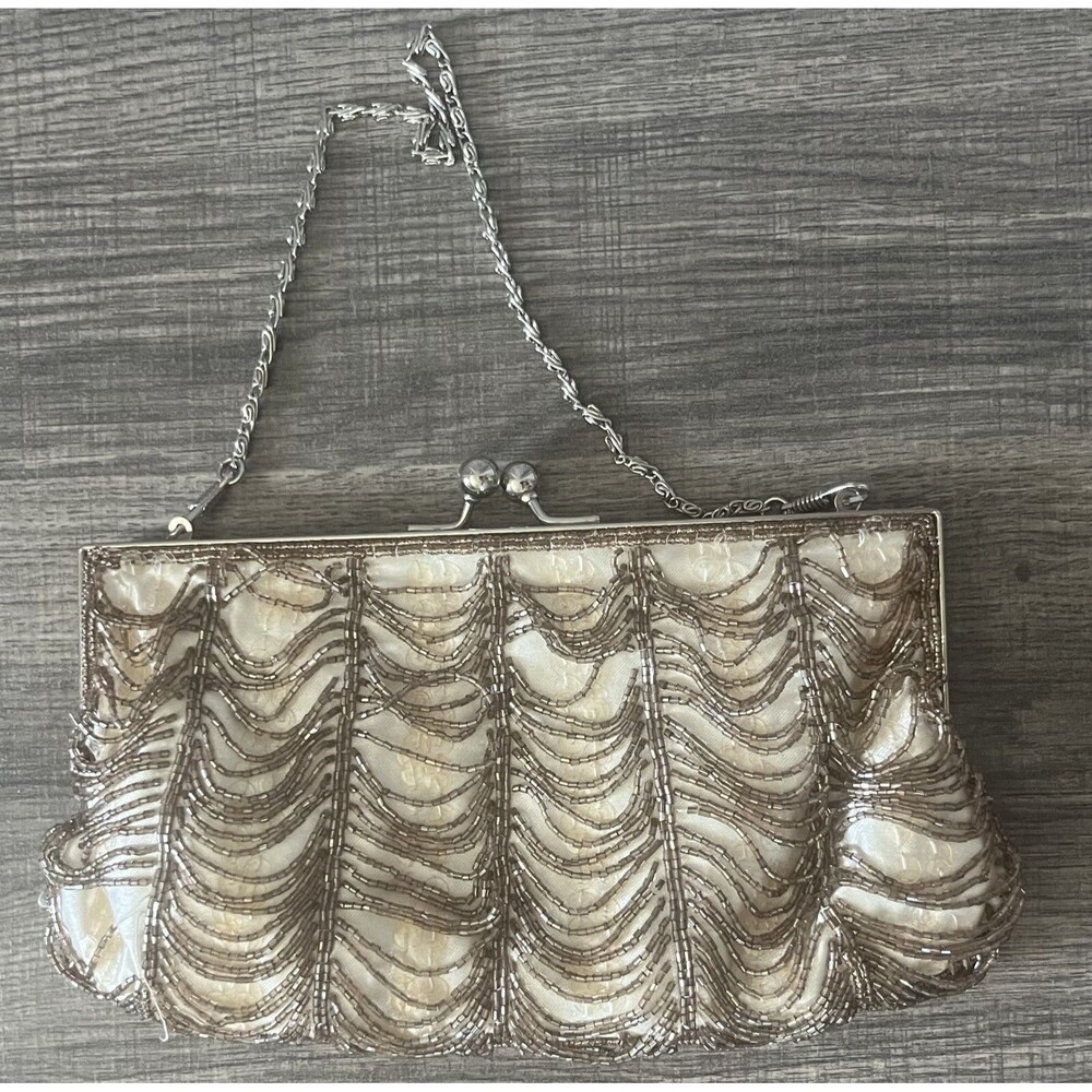 Vintage IN's Beaded & Sequence Purse with Removable Chain Strap Satin Lining
